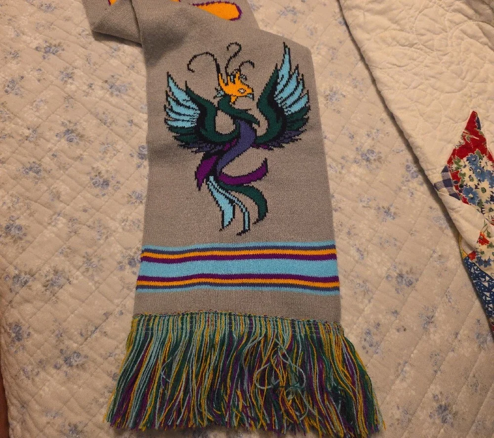 Grey Knit Scarf with Yellow Script 'Phoenix' and Accent Design